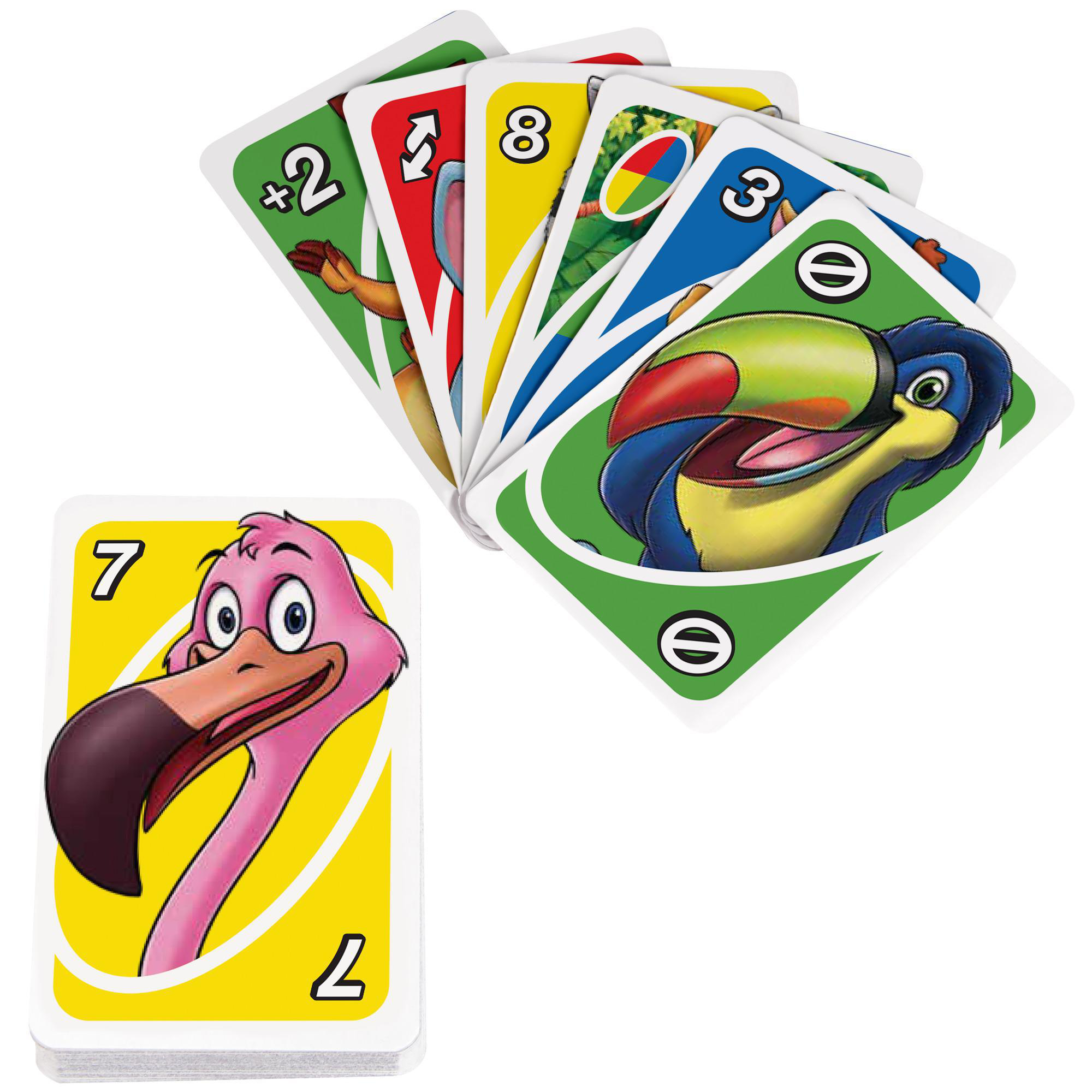 Uno-Kartenspiel. Eine Karte ist draußen. Die Karte zeigt einen Flamingo.
