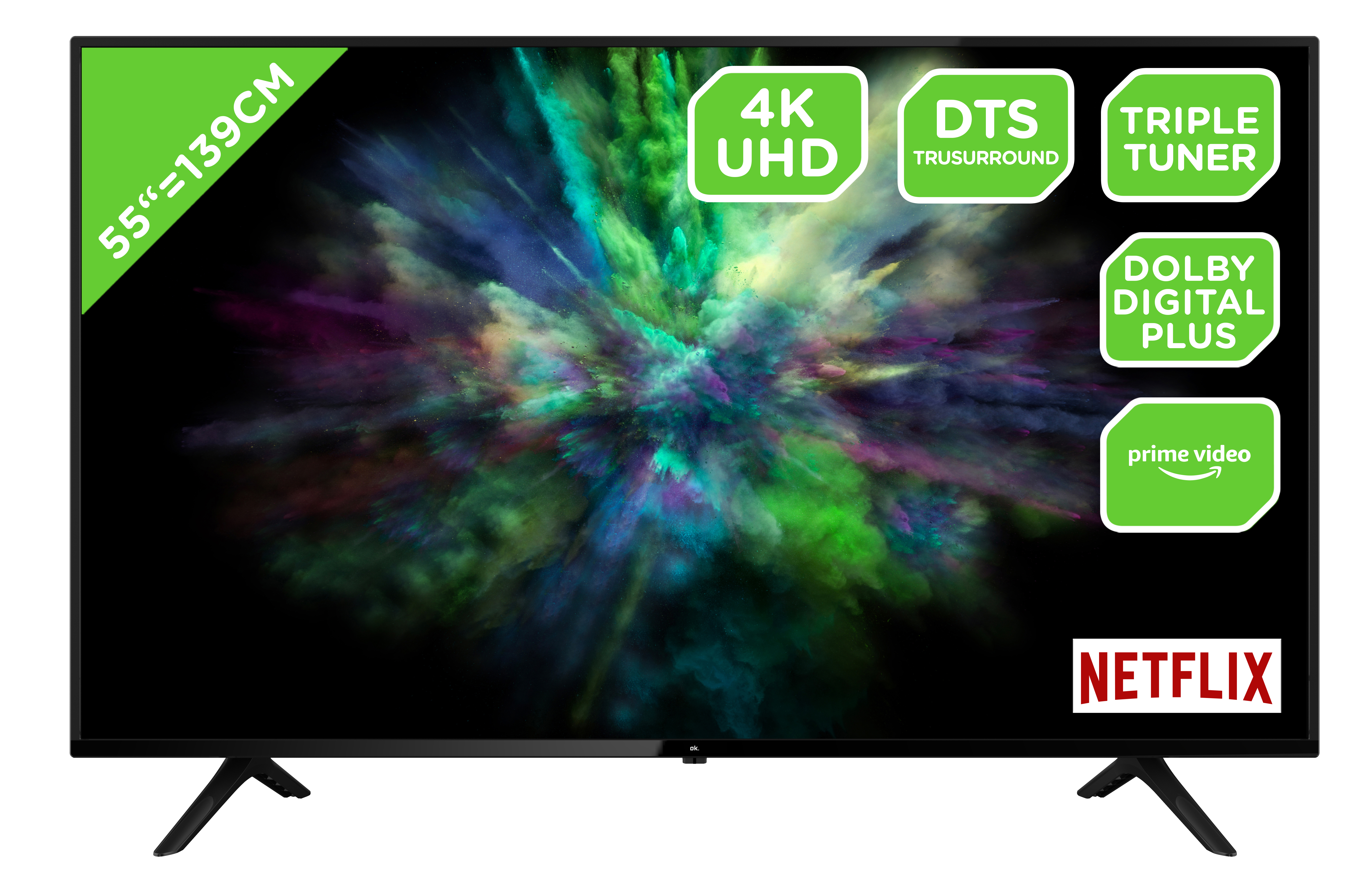Ein schwarzer Fernseher mit grünen und weißen Etiketten, eine farbenfrohe Explosion für die Anzeige.