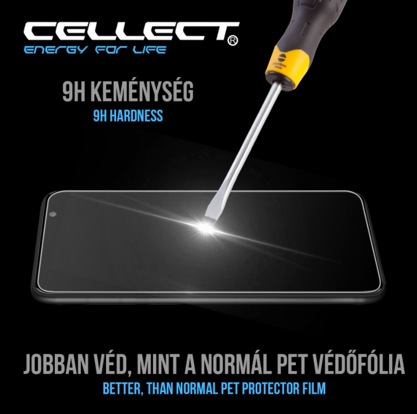 Egy képernyővédőt csavarhúzóval tesztelnek. A szöveg azt mondja: 'Jobb, mint a normál PET védőfólia'.