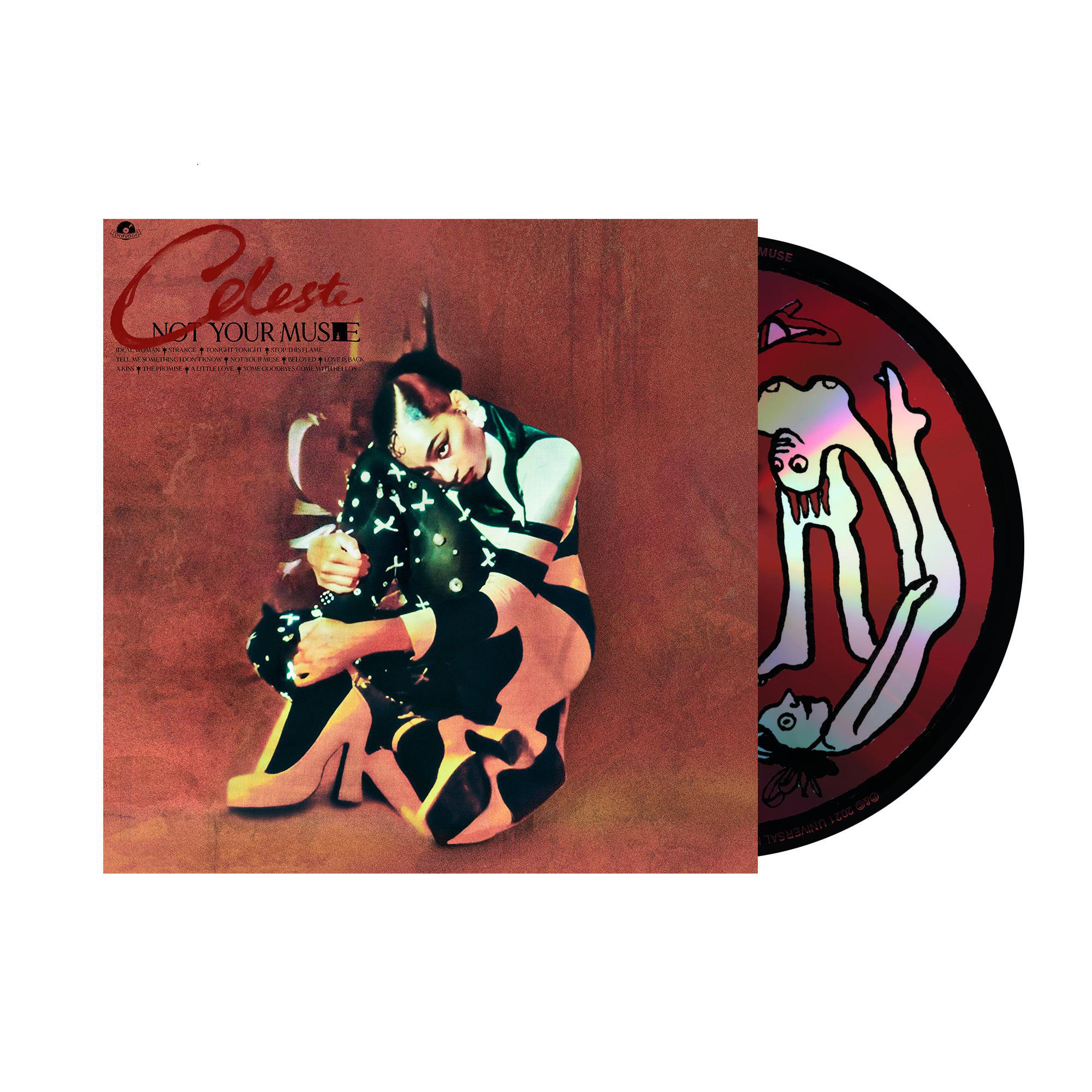 Albumcover mit Frau, rotem Hintergrund und Vinyl-Disc.