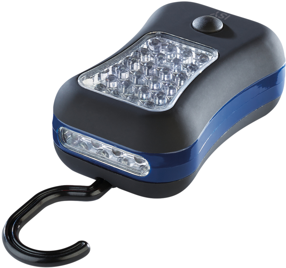 A black and blue flashlight with a hook. It has multiple LEDs and a single button.