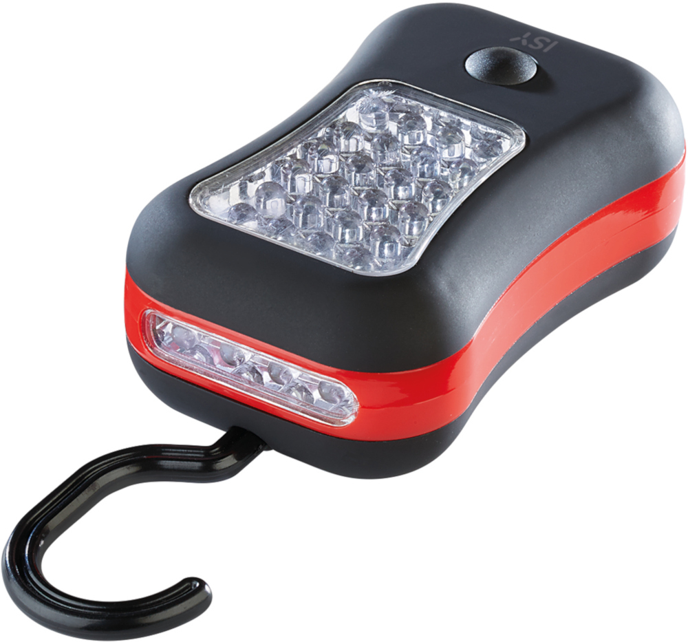 Black and red LED work light with a hook. It is rectangular with a button and a light array.