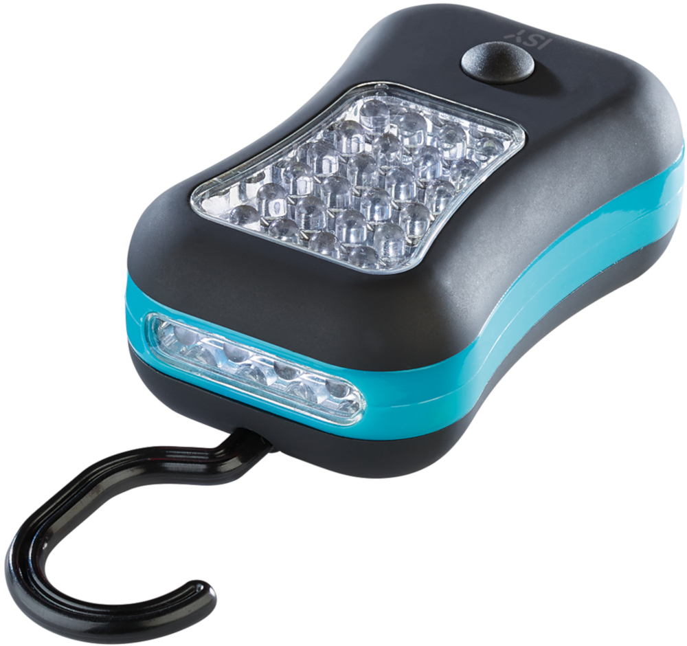 A black and teal LED flashlight with a black hook and a button on top.