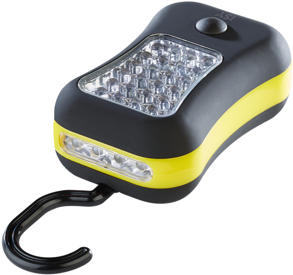 A black and yellow LED flashlight with a hook. Features a button and a series of small LED lights.