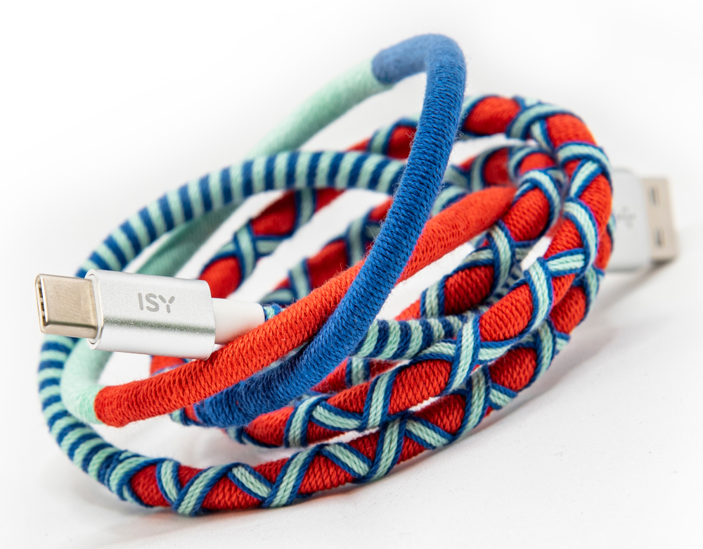 Colorful braided USB cables with silver connectors on white background.