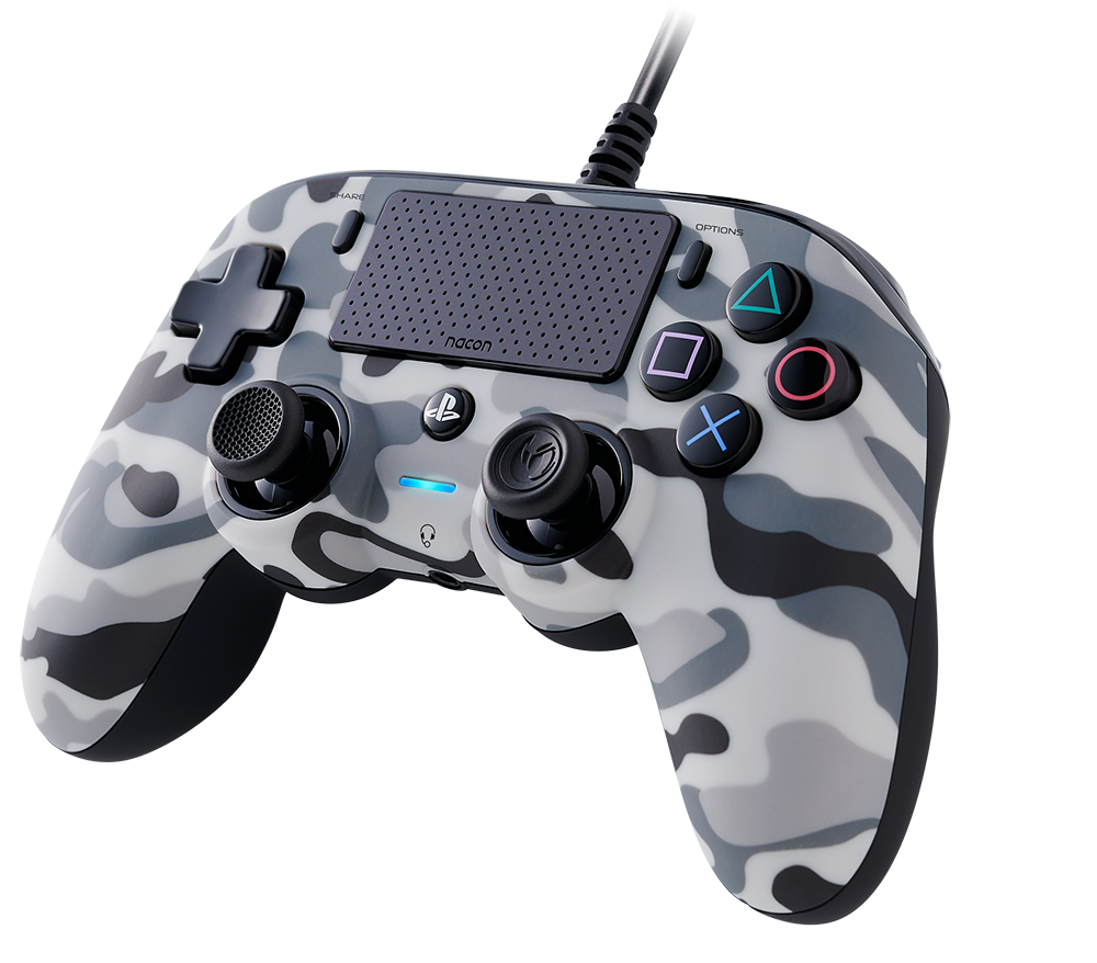 Grijze en zwarte camouflage Playstation-controller met knoppen, sticks en kabel.