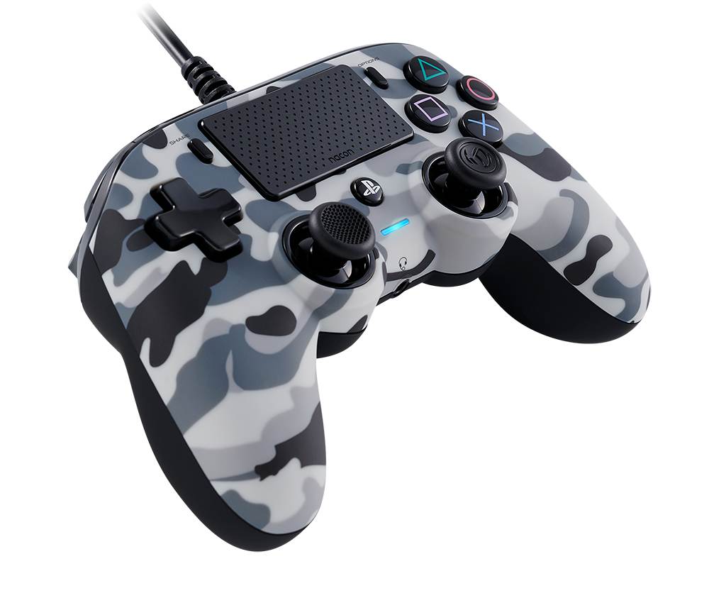 Een PS4-controller met camouflagepatroon met een kabel.