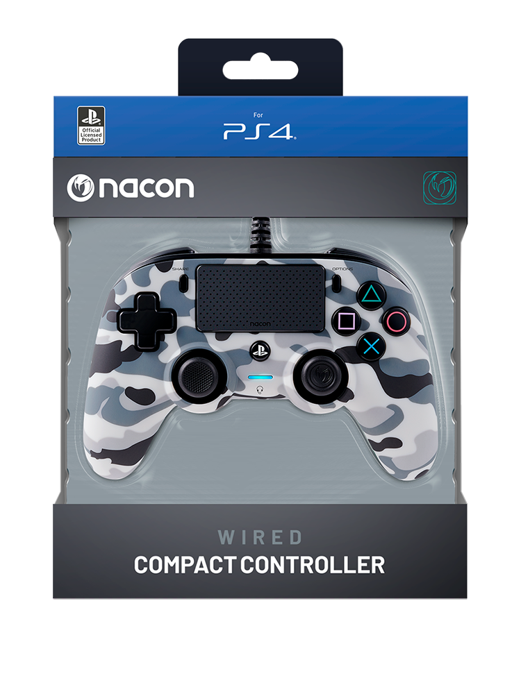 Een bedrade compacte controller in de verpakking. De controller is grijs en wit met zwarte knoppen.