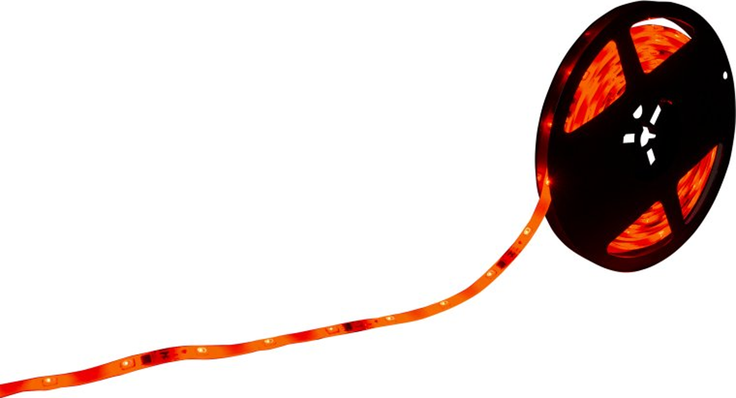 Un rotolo di luci a LED arancioni a striscia. La striscia si estende, mostrando le luci.