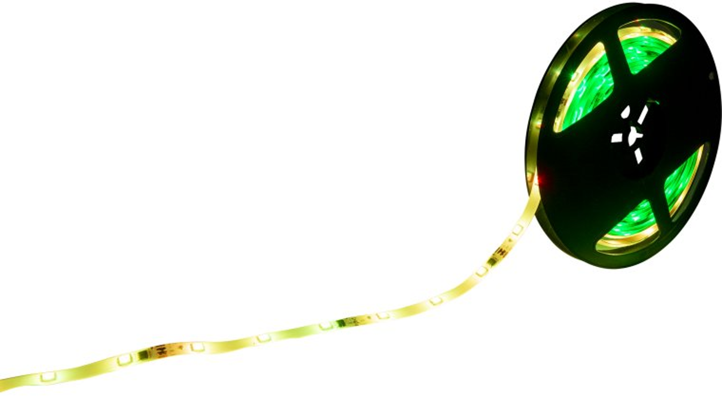 Un rotolo di luci a strisce LED verdi con una sezione della striscia luminosa che si estende verso l'esterno su bianco.