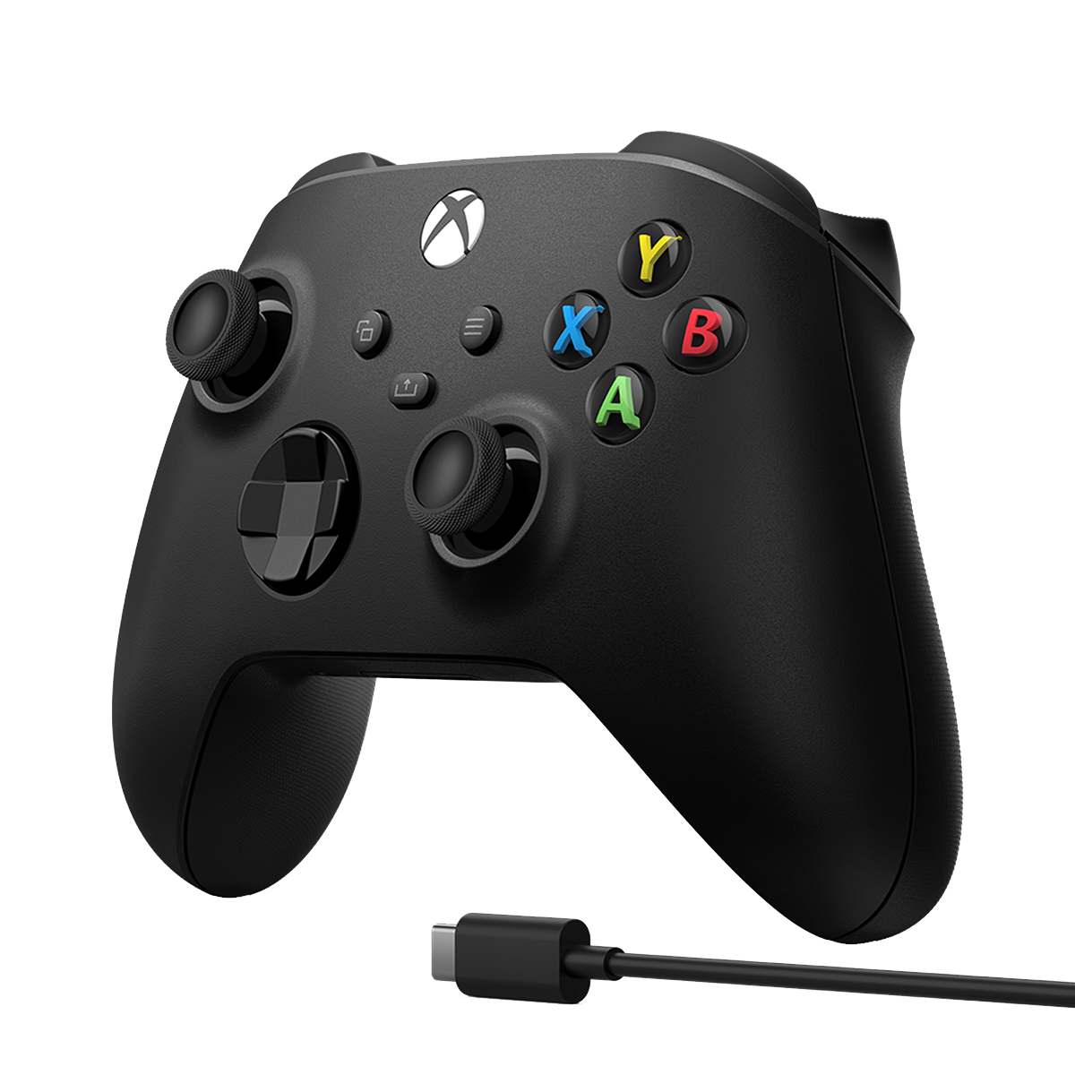 Een zwarte Xbox-controller met gekleurde knoppen en een aangesloten USB-C-kabel.