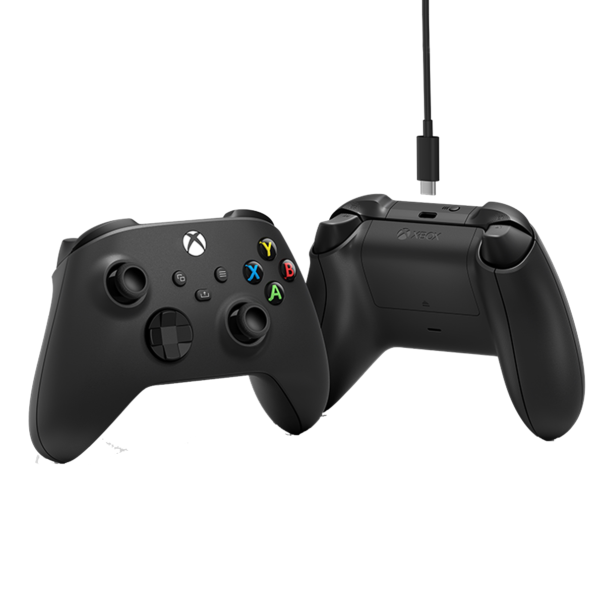 Twee zwarte Xbox-controllers, één voor- en één achteraanzicht.