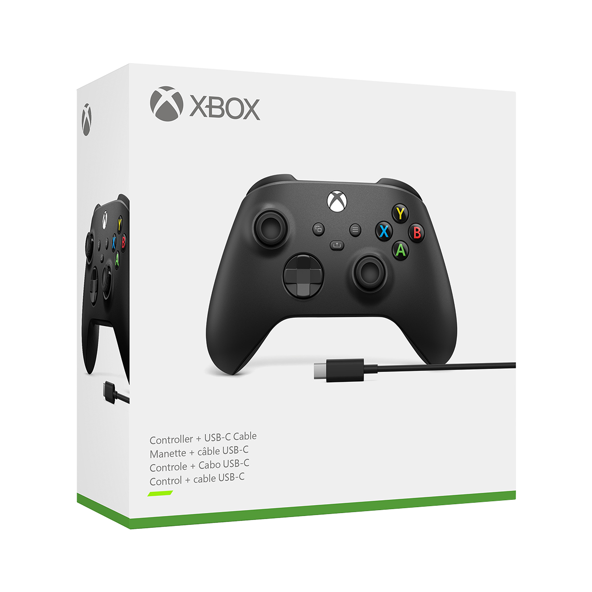 Xbox-controller in een doos. Zwarte controller met kabel, witte doos met Xbox-logo.