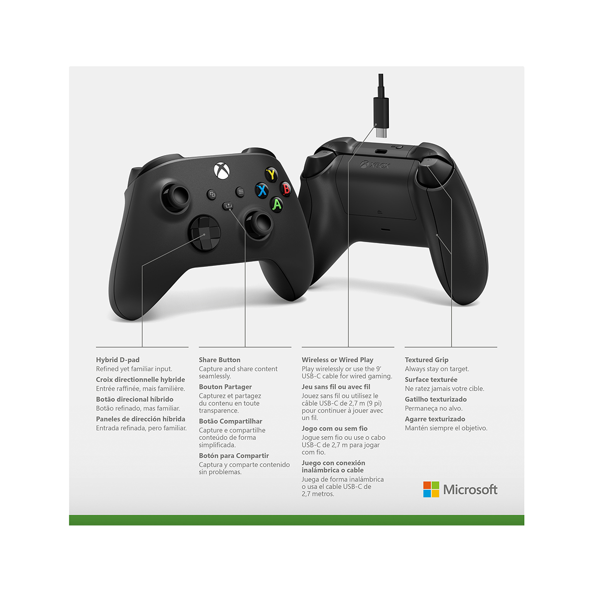 Twee zwarte Xbox-controllers. Eén is schuin, de andere plat, met tekstlabels.