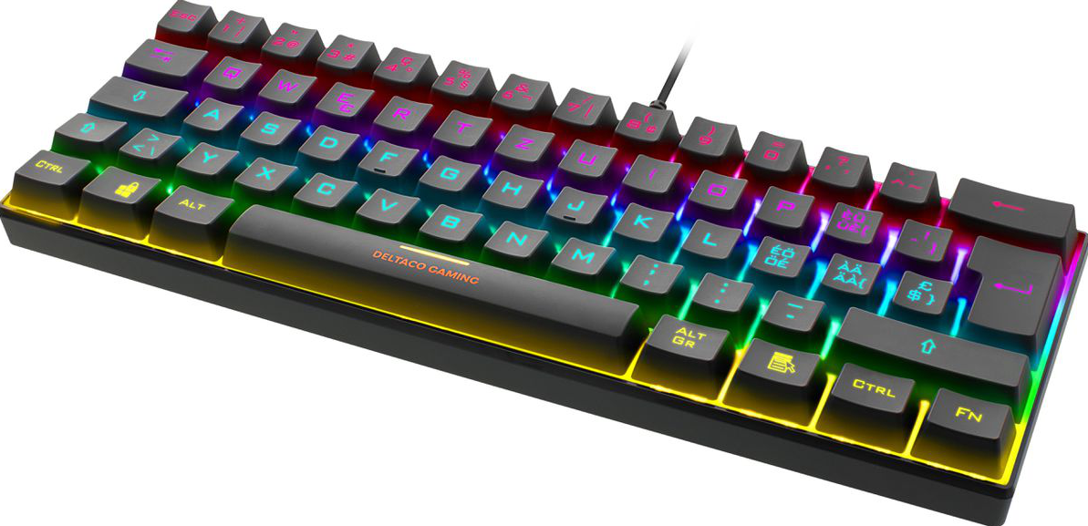Schwarze Gaming-Tastatur mit farbigen, hintergrundbeleuchteten Tasten, zeigt das DELTACO GAMING-Logo.