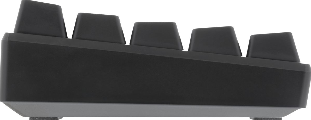Seitenansicht einer schwarzen Tastatur mit dunklen Tasten auf hellgrauer Basis.