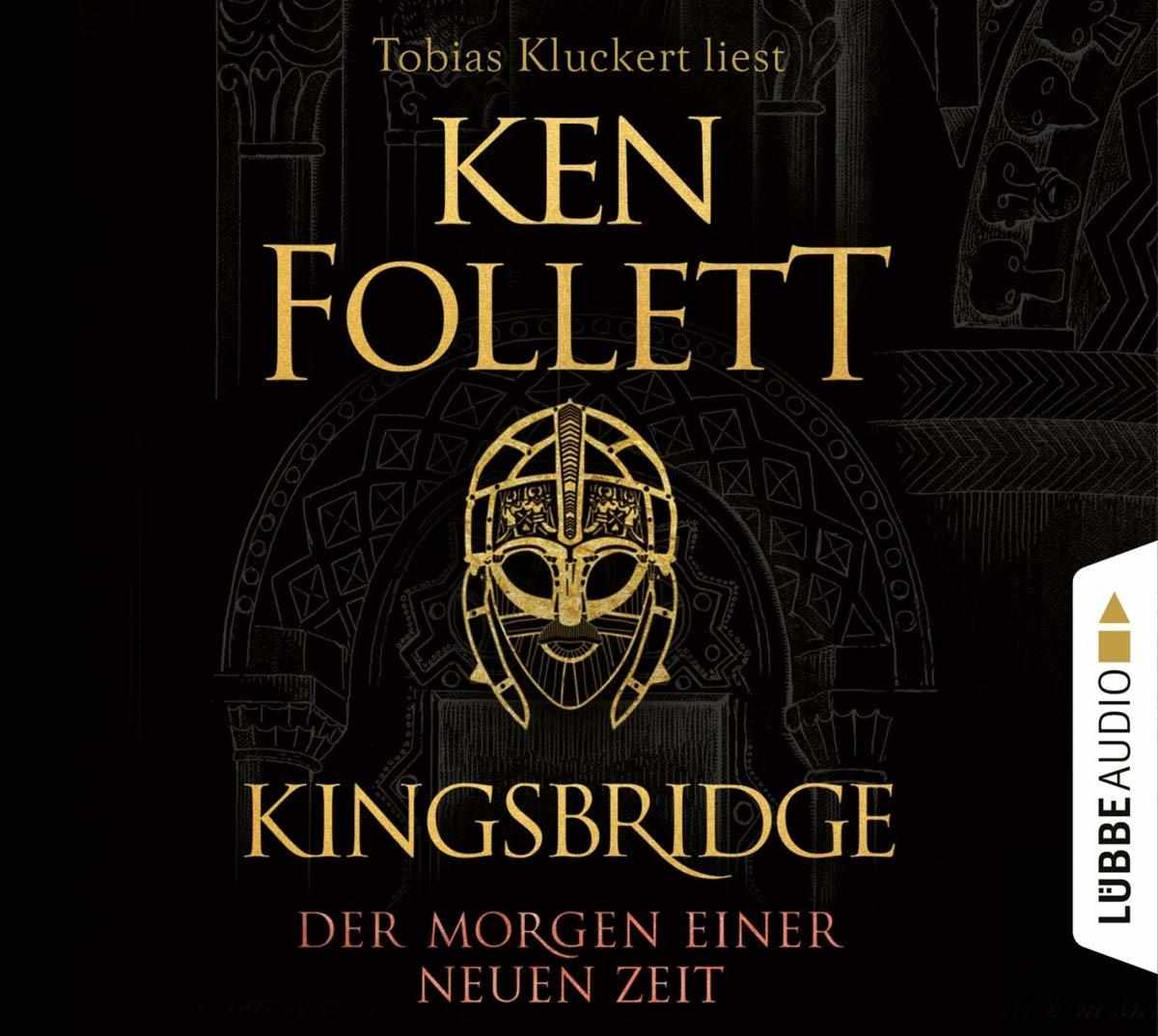 Buchcover für „Kingsbridge“ von Ken Follett mit einem Ritterhelm.