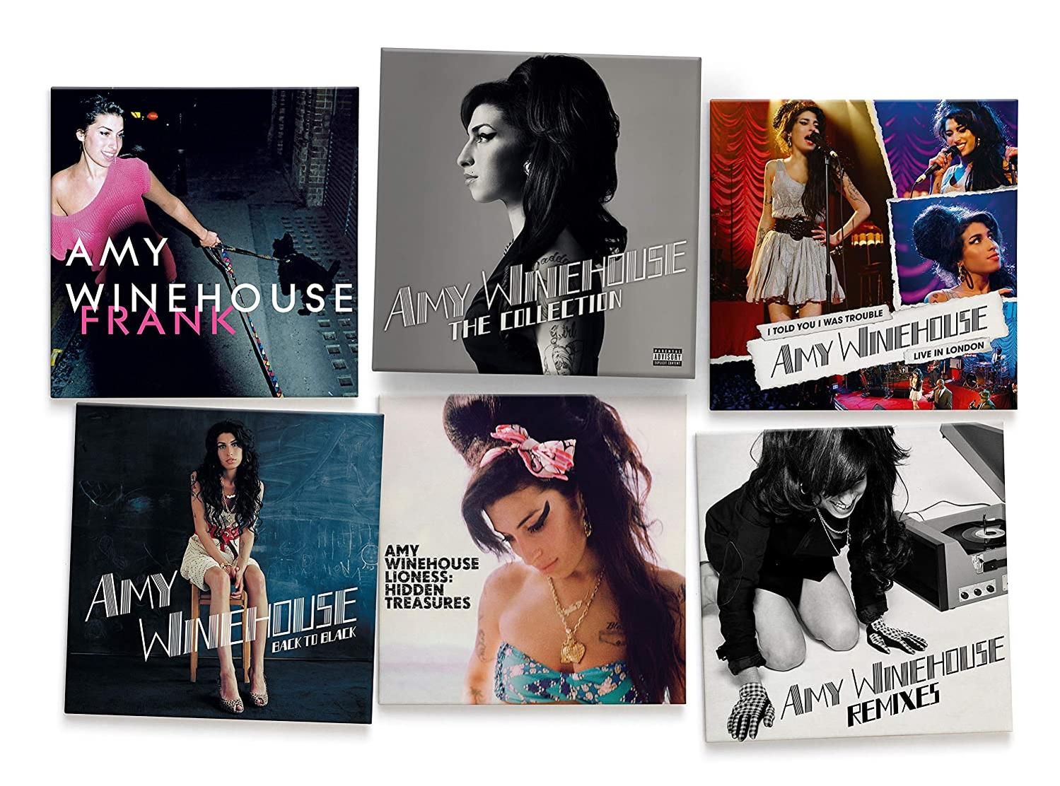 Sechs Amy Winehouse Albumcover, unterschiedlich gestaltet, ausgelegt.