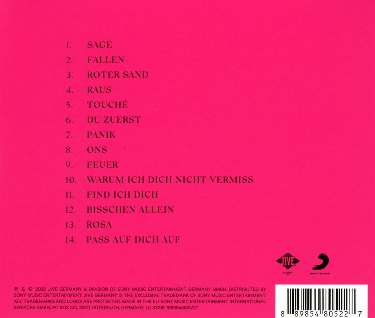 Rückseite einer CD mit pinkfarbenem Hintergrund, deutschen Titeln und Barcode.