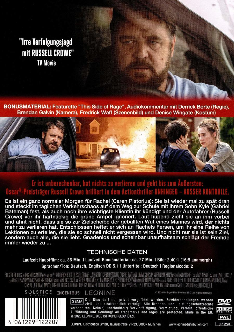 DVD-Cover für den Film 'Unhinged' mit Russell Crowe. Zeigt Schauspieler und Filmtitel.