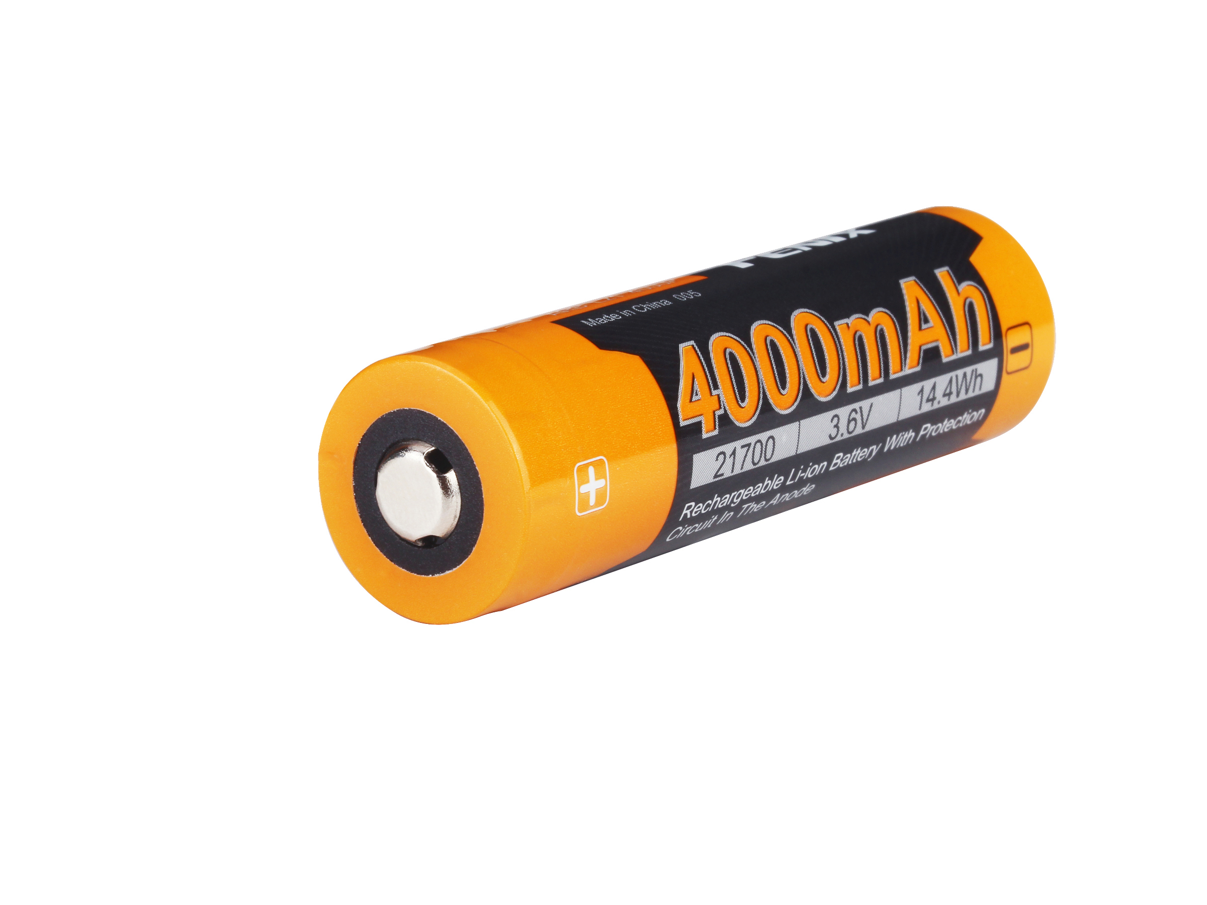 Eine orangefarbene 21700 wiederaufladbare Lithium-Ionen-Batterie mit schwarz-weißen Etiketten. Liest 4000mAh, 3,6V, 14,4Wh.