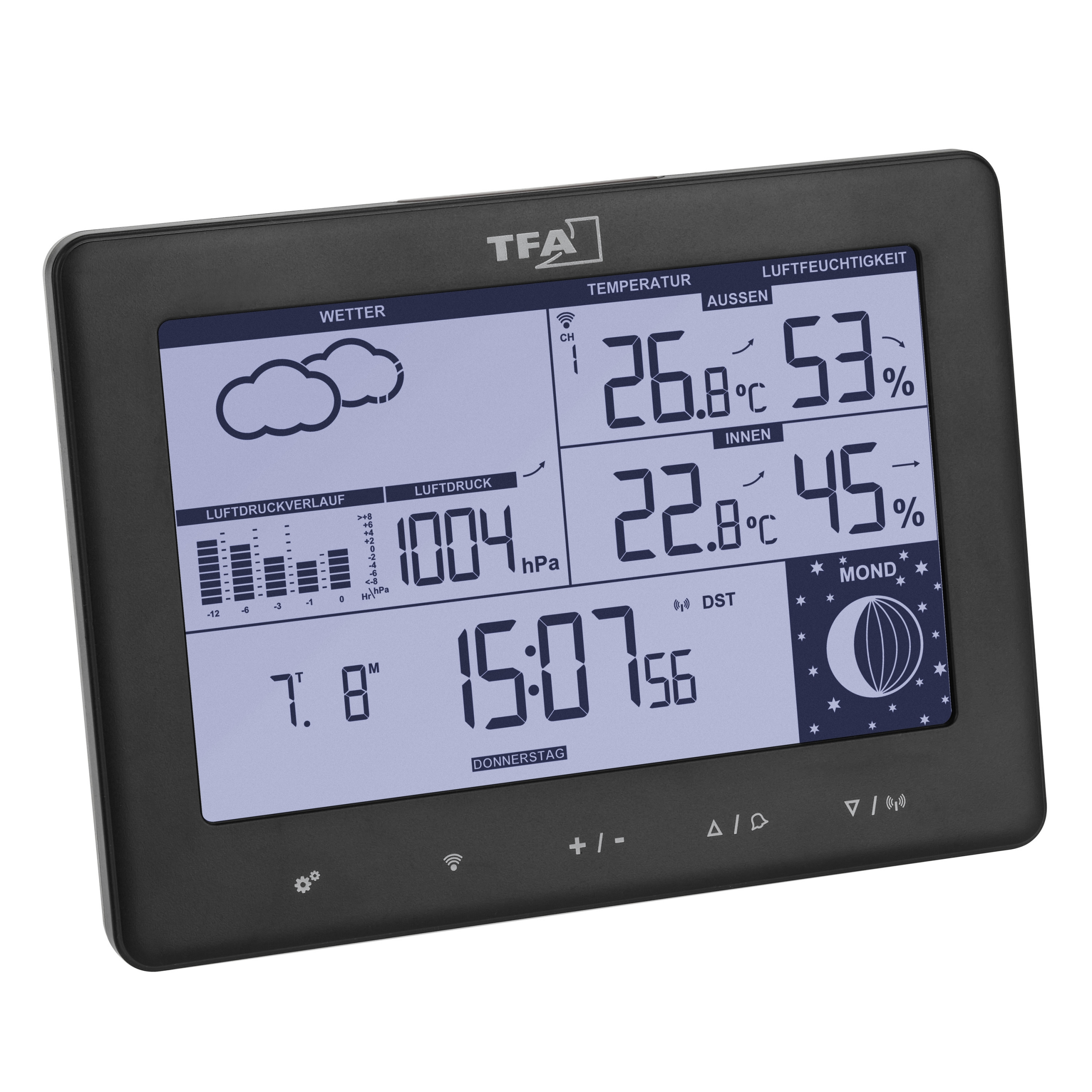 Eine schwarze Wetterstation zeigt Wetterbedingungen: Temperatur, Druck, Feuchtigkeit, Mondphase.