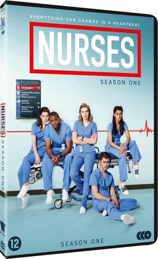DVD-hoes met een groep verpleegkundigen in blauwe scrubs, met de titel 'Nurses Season One'.