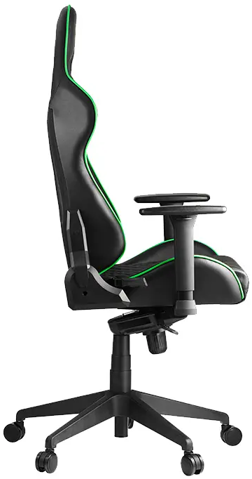 Schwarzer Gaming-Stuhl mit grünen Zierleisten, Seitenansicht.