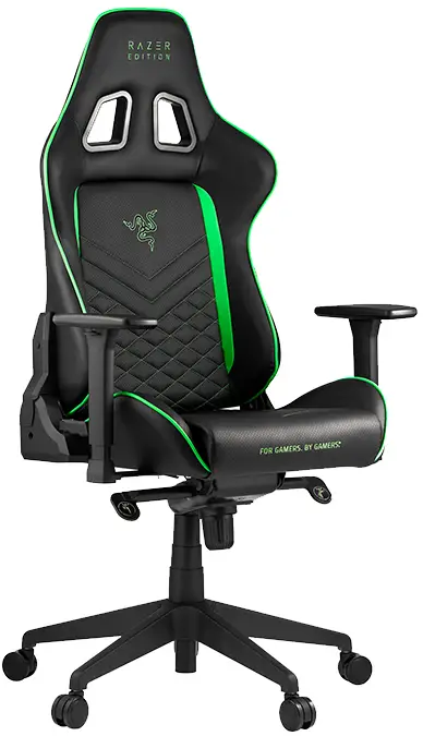 Ein schwarzer und grüner Razer-Gaming-Stuhl mit Razer-Logo und dem Text: FOR GAMERS. BY GAMERS.