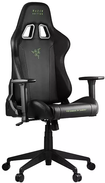 Schwarzer Razer-Gaming-Stuhl mit grünem Logo und Text: "FOR GAMERS. BY GAMERS".