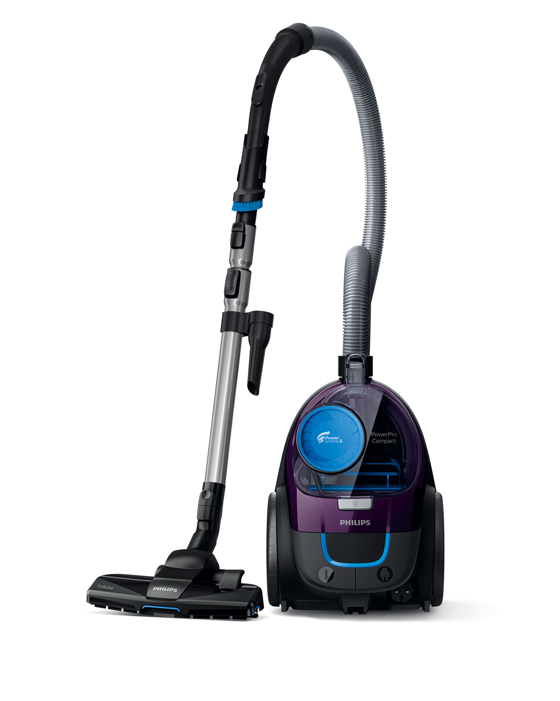 Black and purple Philips PowerPro Compact vacuum cleaner with attachments and hose.