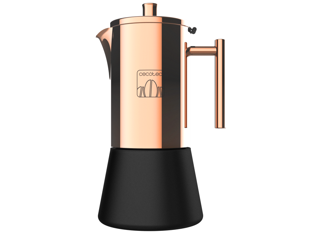 Una cafetera exprés de cobre y negra con el logotipo de la marca.