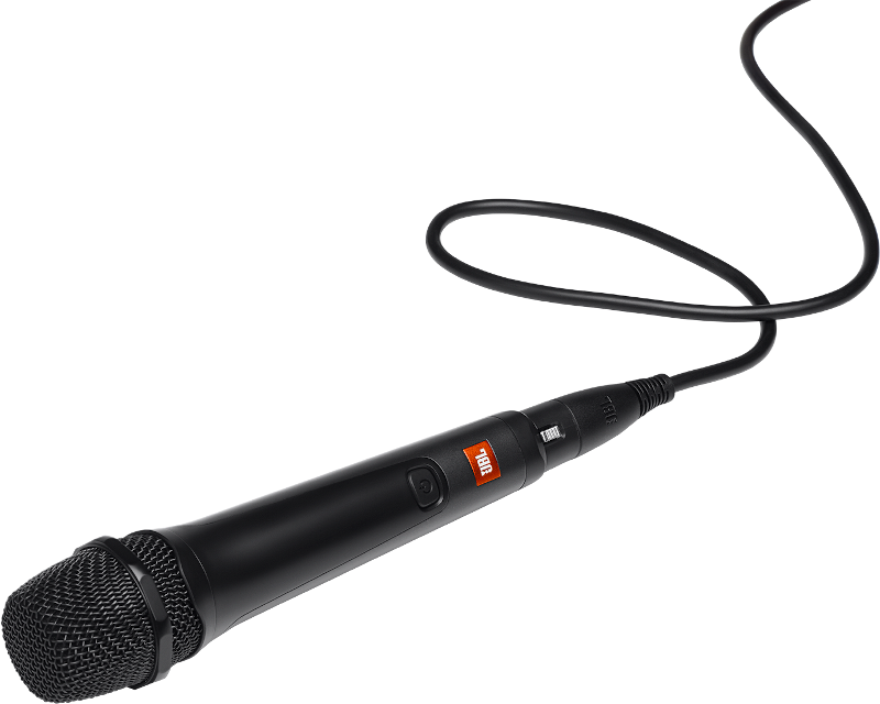 Een zwarte microfoon met een JBL-logo. Het snoer is zwart en aangesloten.