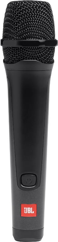 Zwarte microfoon met een mesh-kop en een JBL-logo. De microfoon heeft een aan/uit-knop.