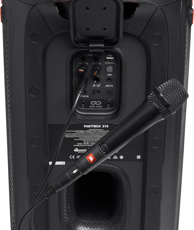 Achterkant van een zwarte JBL PartyBox 310-luidspreker met een microfoon en zichtbare input/output poorten.
