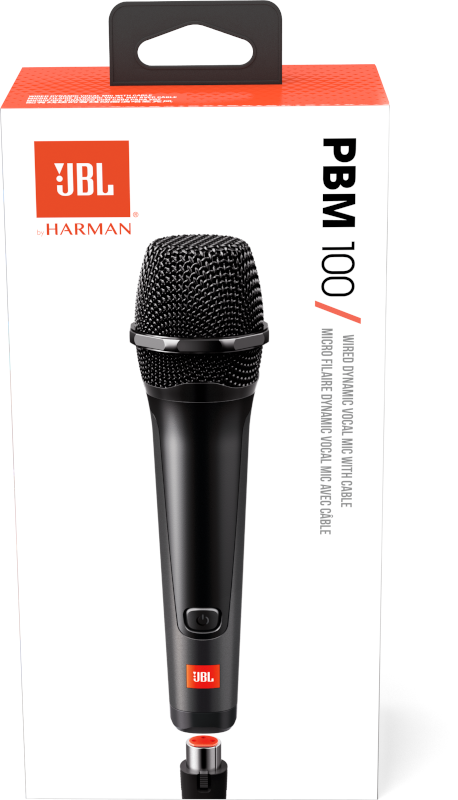 Zwarte JBL-microfoon met een witte en rode doos, met het label 'PBM 100'.