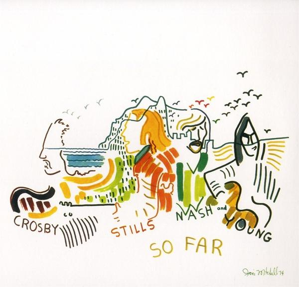 Album borító figurák vonalrajzaival és a 'Crosby, Stills, Nash and Young' és 'So Far' szöveggel.