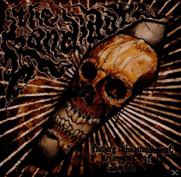 Egy koponya látható fogakkal és szemüregekkel. Sötét, füstös formák és sugárvonalak veszik körül. A szöveg: 'facing the imminent prospect of death'.