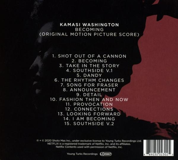 Pochette de CD avec liste des titres de l'album de Kamasi Washington, fond sombre, accents rouges.