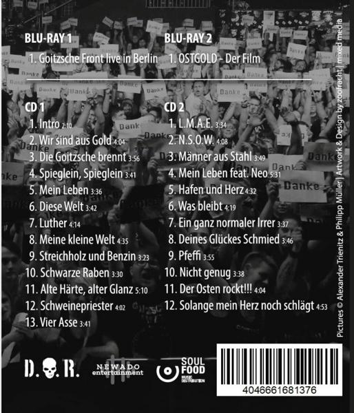 Die Rückseite einer CD mit deutschem Text und Bildern einer Menschenmenge.