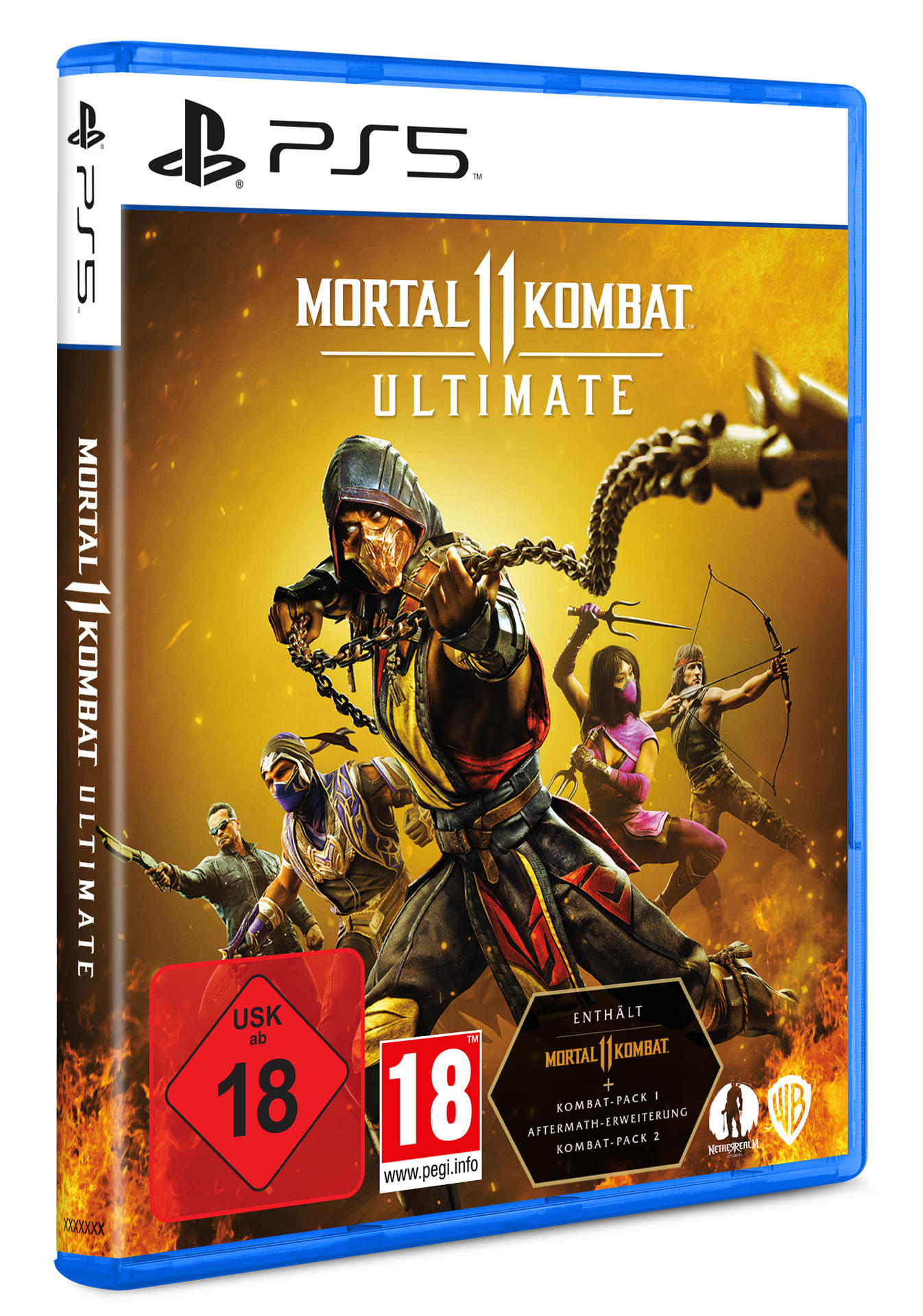 Eine Videospielbox für Mortal Kombat 11 Ultimate auf der PS5, mit Charakteren und Logo.