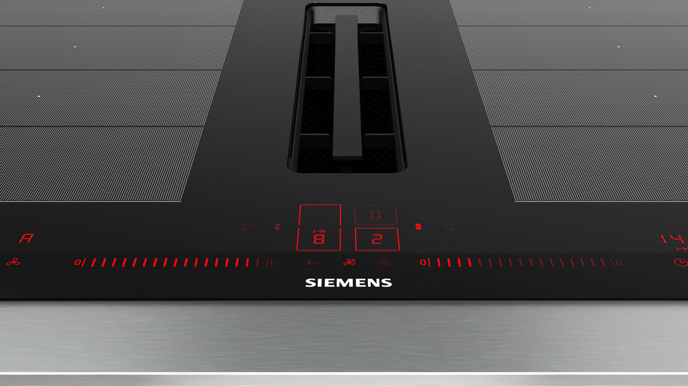 Placa de inducción Siemens negra con pantalla y controles rojos.