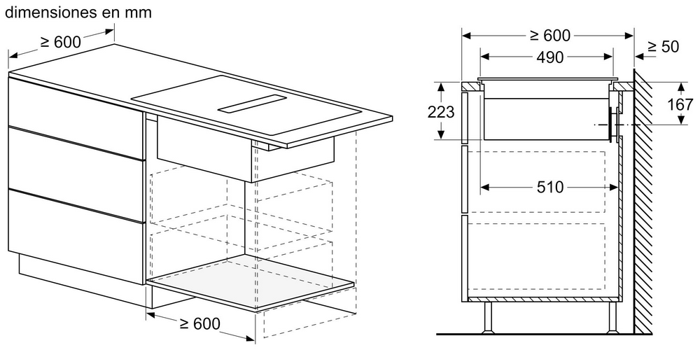 Dibujo técnico de un mueble de cocina con dimensiones en mm. Es una vista en perspectiva.