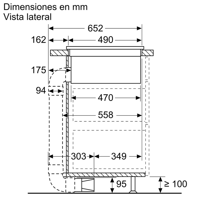 Diagrama de vista lateral de un electrodoméstico de cocina con medidas.