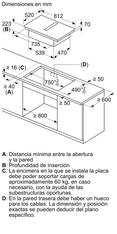 Dibujo técnico de una encimera con dimensiones.