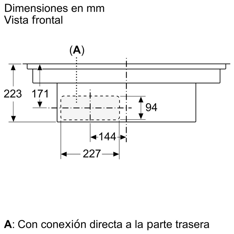 Dibujo técnico con dimensiones. Muestra una vista superior con medidas en milímetros. Se muestra una línea punteada.