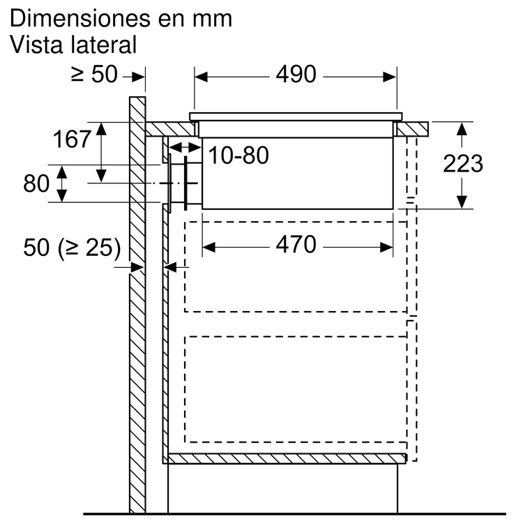 Dibujo técnico de vista lateral, dimensiones en milímetros.