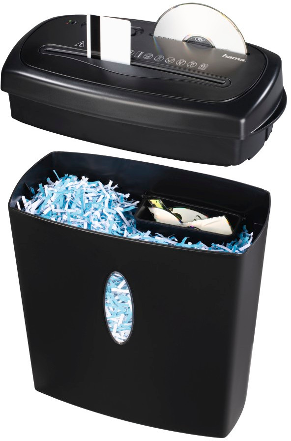 Black paper shredder. Top slot for paper and CD. The lower part holds shredded paper.