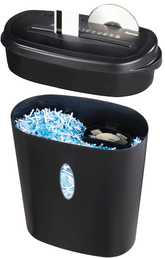 Déchiqueteuse de papier noire avec fente pour CD et bac en dessous. Sur fond blanc.