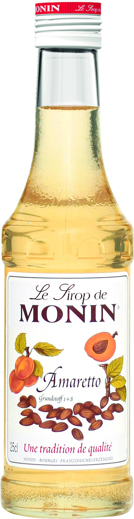 Eine Monin Amaretto-Sirupflasche. Sie hat ein Etikett mit dem Markennamen und Bildern von Aprikosen und Mandeln.